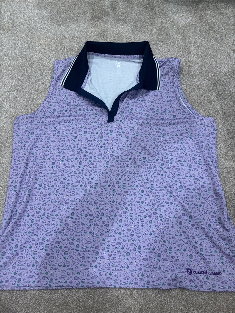 Rhoback Lavender Sleeveless Golf Polo with Navy Contrast Collar - Zurich Classic